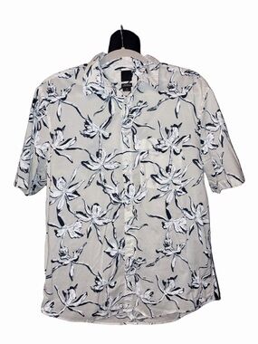🆕💜H&M Men’s Floral Button Down Shirt White Navy Short Sleeve